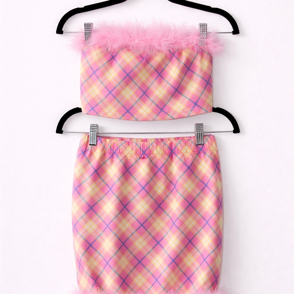 SHEIN Pink and Yellow Plaid Skirt with Feather Trim